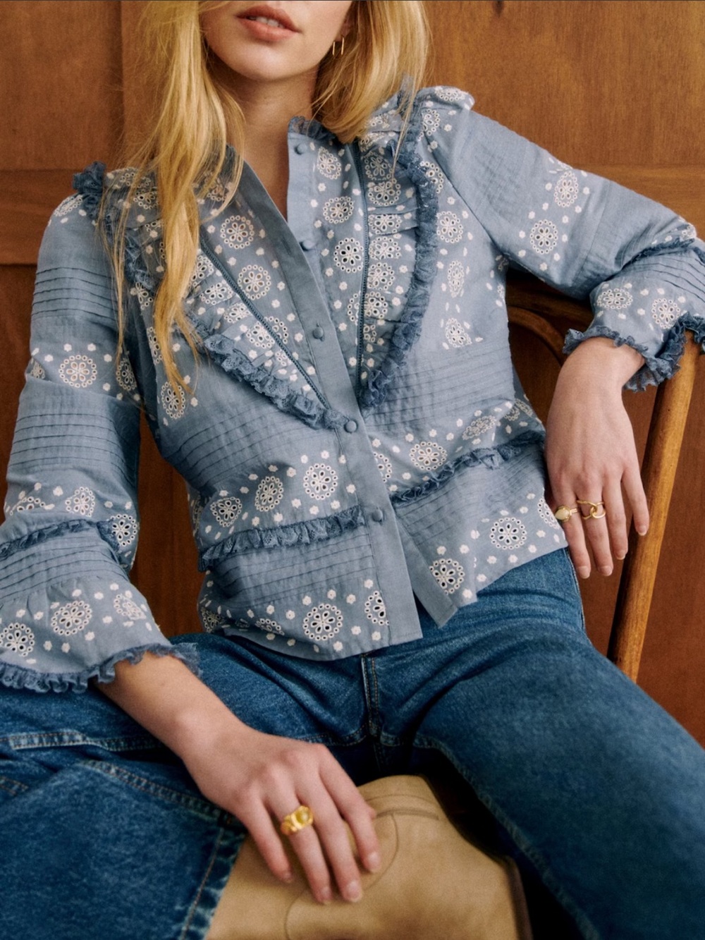 NWT Sézane Nele Shirt in Vintage Blue and Ecru